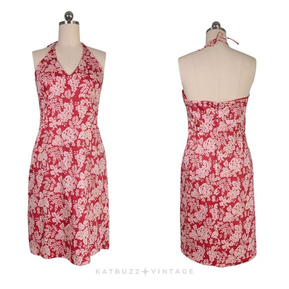 Vintage J Crew Midi Dress 12 Red 90S Y2K Floral Halter Sundress A Line Beachy - Picture 1 of 8